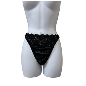 Vintage Victoria's Secret Black Satin Lace Sequin Thong Panty 6304 NWT Medium